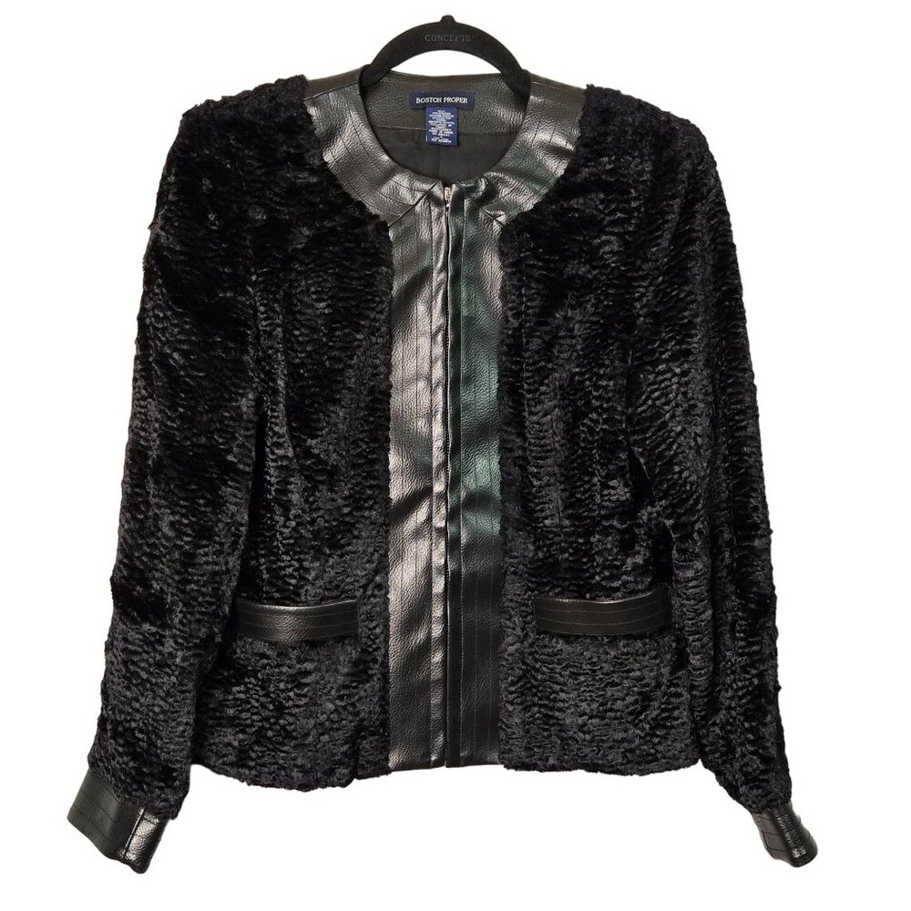 Boston Proper 4 Leather Trim Faux Fur Jacket Black Quiet Luxury‎ Chic Edgy